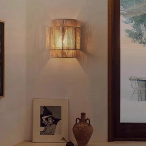 Hemp Rope Rattan Wall Lamp Antique Asia Hotel Indoor Living Room Bedroom and Office Vanity  Modern E27 Woven Bedside Wall Light